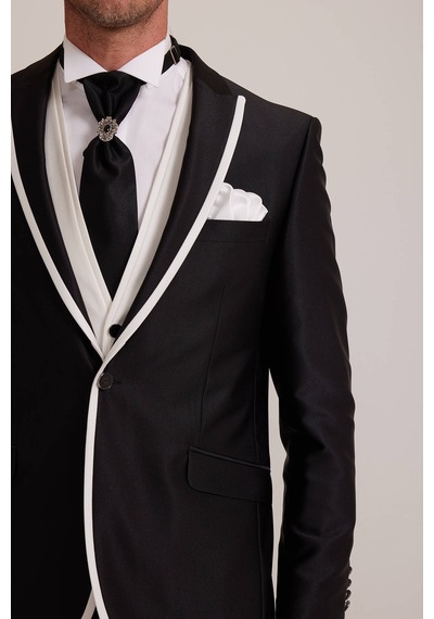 Ysf Erkek Siyah Kırlangıç Yaka Yelekli Desenli Slim Fit Damatlık