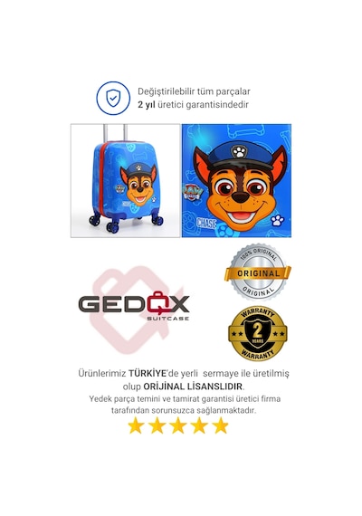 Gedox Kids Paw Patrol Lisanslı Çocuk Valizi Chase Temalı Darbeye Dayanıklı 360 Tekerlek Mavi