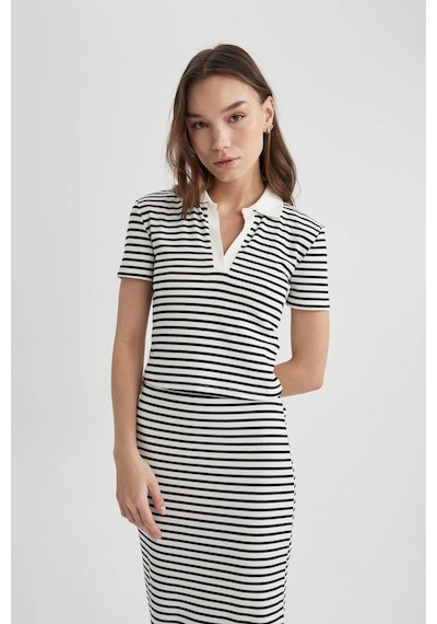 Defacto Fitted Çizgili Polo Yaka Kısa Kollu Tişört A0380AX23SM Beyaz