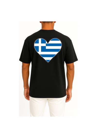 Bahriyeli Collection Oversize Flag Of Greece Graphy, Greece Cep Ve Sırt Tasarımlı Unisex T-shirt SIYAH