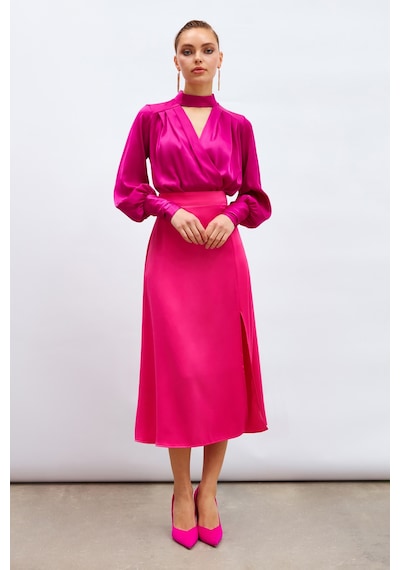 Sateen Yırtmaçlı Saten Etek - Fuşya