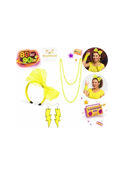 80 Ler 90 Lar Neon Sarı Parti Seti Kolye Küpe Taç 3+