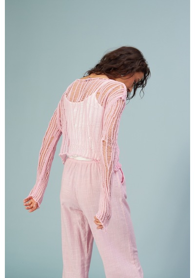 Nisan Ajurlu Triko Bluz Pembe