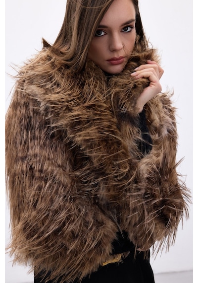 Sateen Leopar Desenli Kürk - Kahve-136710 Kahve