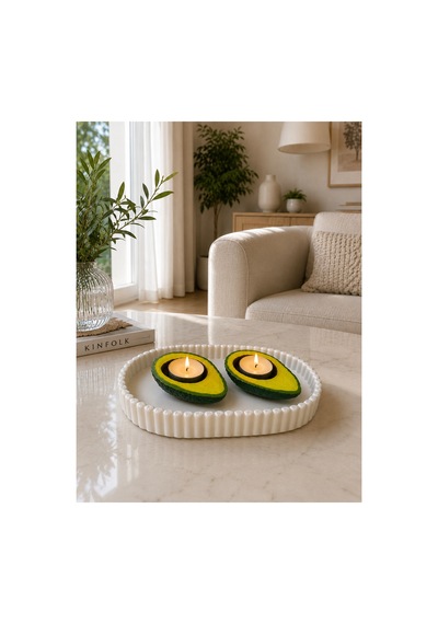 Avokado Tasarımlı 2 Li Tealight Mumluk Dekoratif Sunum Tepsili Set Yeşil