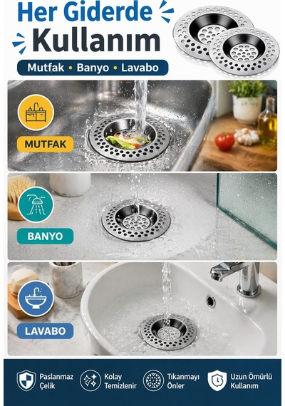 2'li Seyyar Paslanmaz Çelik Lavabo Süzgeci 7 Cm Gider Filtresi Mutfak Banyo Tıkanma Önleyici