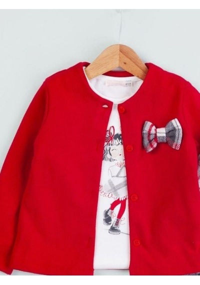 Baby Rose Kız Çocuk Triko Hırkalı Ekose Pantolonlu 3lü Takım-14927 Kırmızı