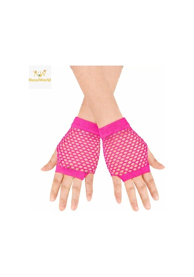 80 Ler 90 Lar Retro Neon Fuşya Şeker Pembesi File Parmaksız Kısa Eldiven 11 Cm Diğer