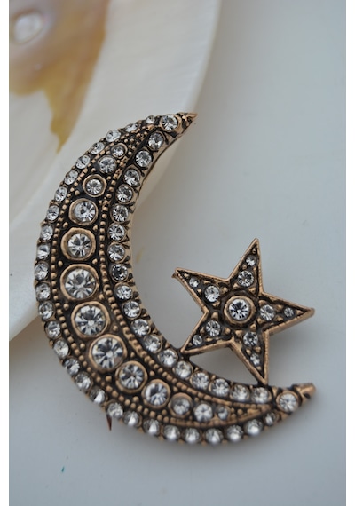 Stoneage Jewellery Zirkon Taşlı Ay Yıldız Broş Yaka İğnesi Çok Renkli