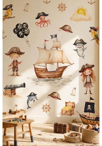 Çocuk Odası Duvar Sticker 103 Parça Korsan Gemisi Hazine Deniz Temalı Duvar Çıkartması Çok Renkli
