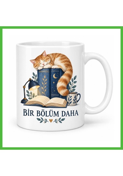 Vaveni Bir Bölüm Daha Kitap Ve Uyuyan Kedi Tasarımlı Porselen Kupa - Model 259 Arz Diğer