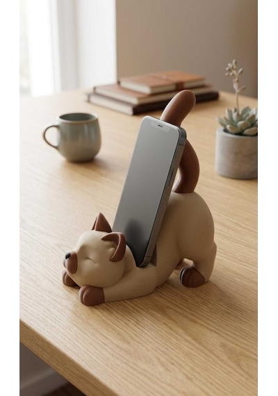 Kedi Figürlü Telefon Tutucu Stand - 3d Baskı Ofis Masaüstü Aksesuarı Ve Biblo