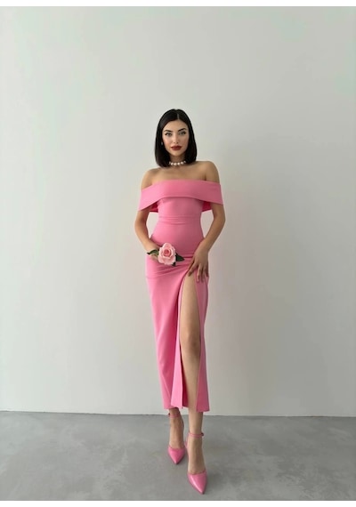 Defymoda Madonna Yaka Uzun Elbise Pembe
