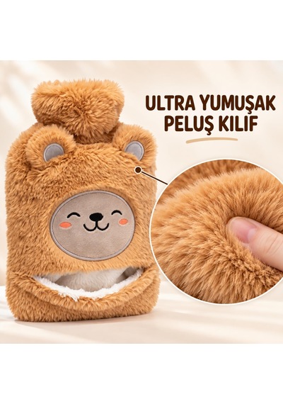 Sıcak Su Torbası Peluş Ultra Yumuşak Kumaş, Kokusuz, Cepli, 2 Litre Büyük Boy, Ayıcık Desenli, Tutuş Cep Bölm Genel