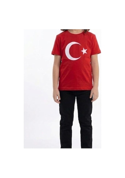 Es Eyüp Selda Kız Çocuk Ay Yıldız Türk Bayraklı Kısa Kollu Tişört Kırmızı
