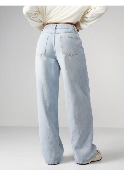 Buz Mavi Palazzo Pantolon Wide Leg Yüksek Bel Denim Jeans Mavi