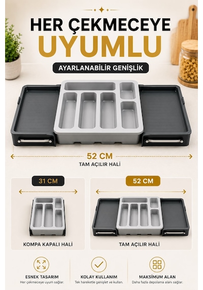 Sürgülü Ayarlanabilir Kaşıklık Organizer Çekmece İçi Düzenleyici S-10555 Gri