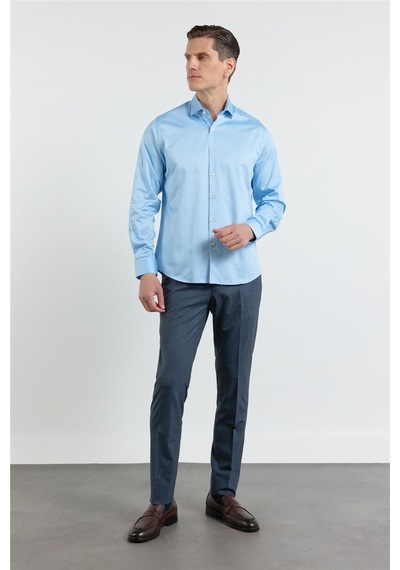 İmza Mavi Yarım İtalyan Yaka Saten Uzun Kol Premium Slim Fit Pamuk Gömlek 1004255195 XL