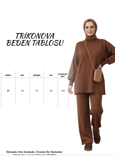 Trikonova Balon Kol Bol Paça Alt Üst Kadın Triko Tesettür Takım Kahverengi