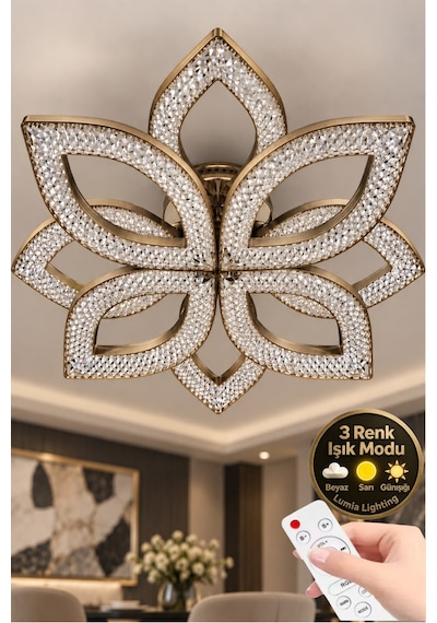 Yonca Model Eskitme Kumandalı 8"li Ledli 3 Renk Modu Kristal Salon Mutfak Yatak Çocuk Odası Avize Kahverengi