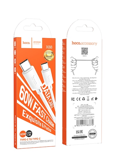 Hoco X88 60w 3a Type-c To Type-c Apple iPhone Android Uyumlu Hızlı Şarj Veri Kablosu Beyaz 1 Metre Type C To Type C 60w