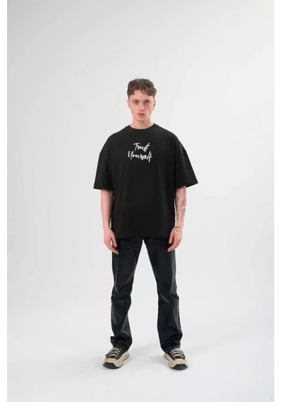 Suma Unisex Bisiklet Yaka Baskılı Oversize T-shirt Siyah L