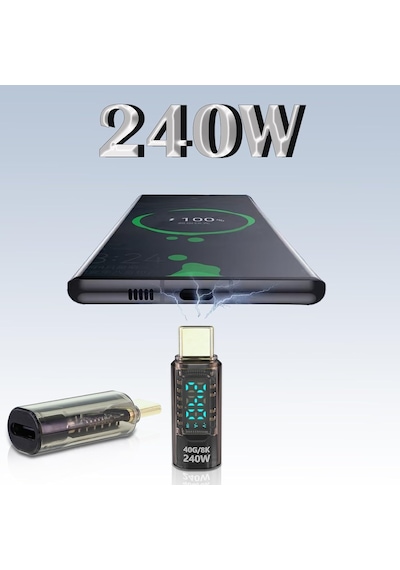 Usb-c Güç Ölçer Led Ekranlı Adaptör 240w Pd 3.1 Hızlı Şarj 40gbps Veri 8k Video Destekli Type-c