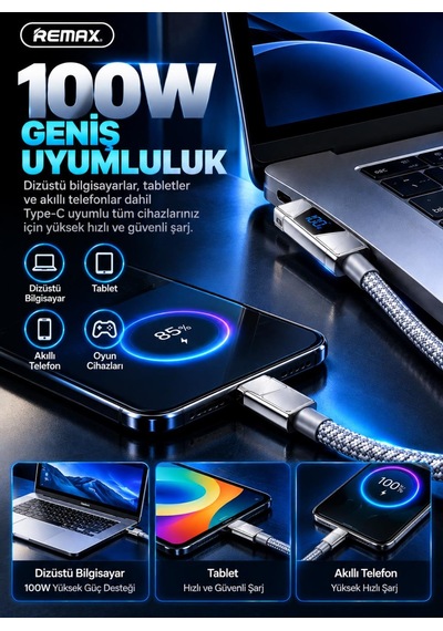 Remax Cb02-cc 100w Dijital Ekranlı Hızlı Şarj Ve Data Kablosu Type-c To Type-c 1.2 Metre Gri