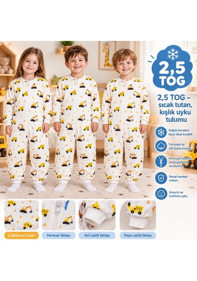Bebelove Erkek Çocuk 2,5 Tog Beyaz Kepçe Ve Kamyon Desenli Uyku Tulumu