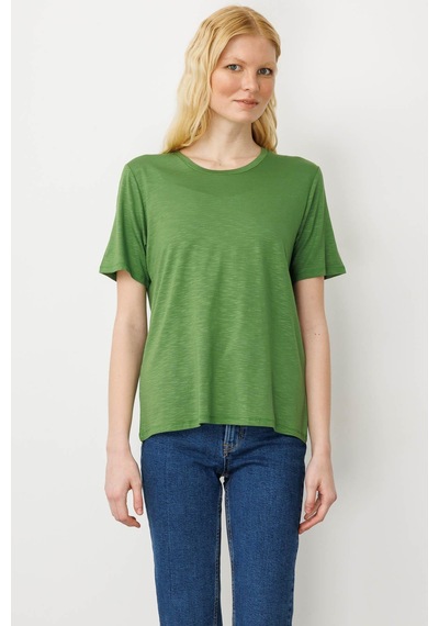 Kadın Sıfır Yaka Flamlı Kumaş Penye Tshirt A.yeşil Yeşil
