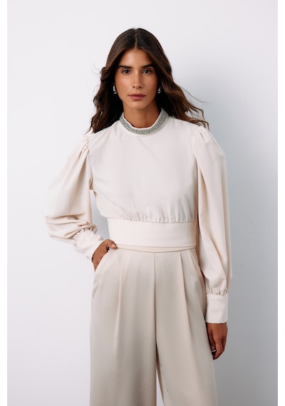 Sateen Yaka Aksesuarlı Bluz - Bej-135190 BEJ Bej