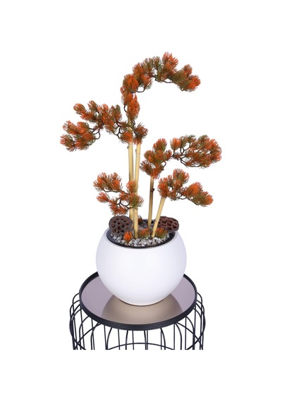 Yapay Çiçek Sitesi Beyaz Küre Saksıda Modern Minimal Tasarım Yapay Bonsai Ağacı Turuncu 65 Cm Turuncu