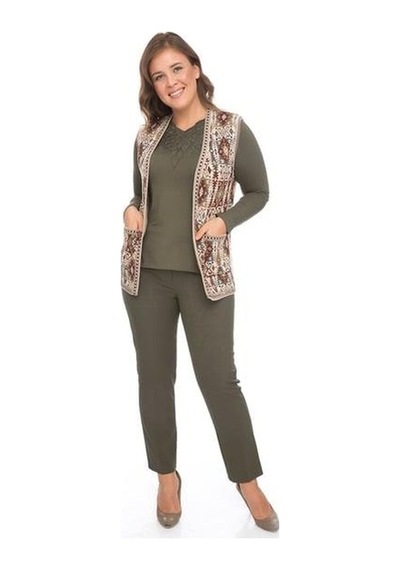 Kadın Etnik Desen Klasik Triko Örgü Kilim Yelek 1052-krem Rengi Krem