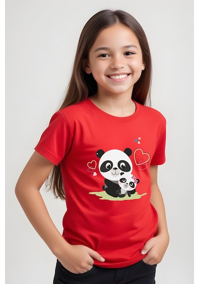 Panios Kids Mother Panda Baskılı Kız Çocuk Kısa Kollu T-shirt Kırmızı