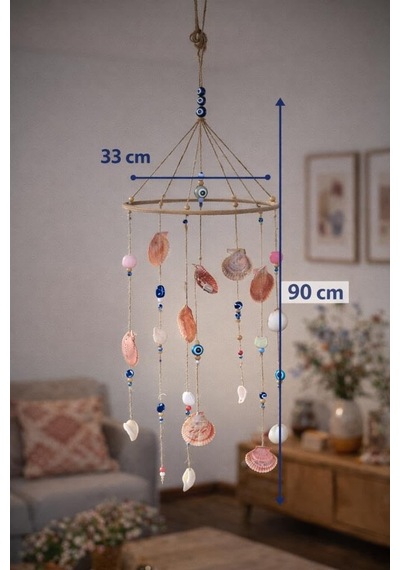 El Yapımı Deniz Kabuklu Rüzgar Çanı 90 Cm Bohem Balkon Teras Dekoru Nazar Boncuklu Askılı Süs 98 x 98