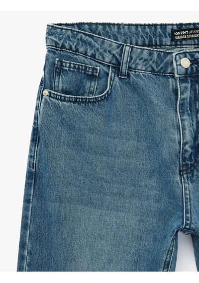 Koton Pamuklu Normal Bel Vintage Straight Fit Jean Pantolon Orta İndigo 6sam40378nd