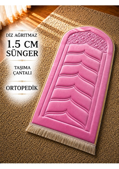 Diz Dostu Seccade Ortopedik Süngerli 1.5 Cm Kalın Kadife Namazlık Çanta Hediyeli Pembe