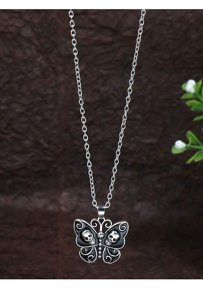 Retro Vintage Gotik Zincirli Kelebek Kuru Kafa Kolye Gümüş