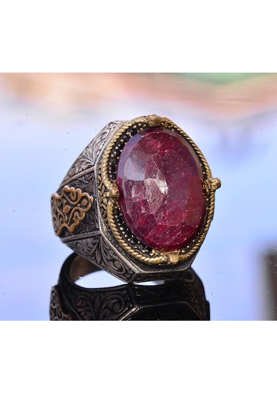 El Yapımı Vintage Tasarım Zümrüt Yüzük - 925 Ayar Gümüş Erkek Yüzük Altın Aksesuarlarla Yakut Gümüş