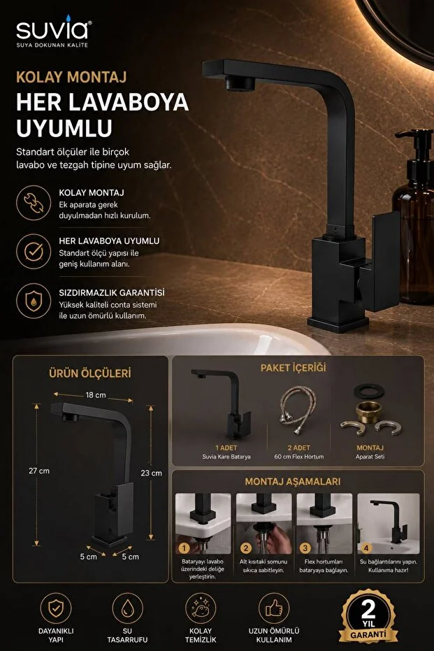 Lavabo Bataryası Siyah Kare 360 Döner Borulu Banyo Musluğu Pirinç Gövde