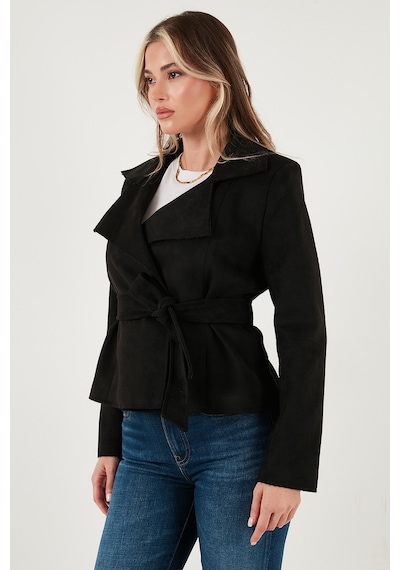 Lela Regular Fit Kruvaze Yaka Kuşaklı Süet Dokulu Bayan Ceket 6839640 Siyah