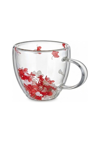 Makri Home Kırmızı Beyaz Çiçekli Çift Cidarlı Cam Kupa, 350 Ml, 11 Cm X 8 Cm Çok Renkli