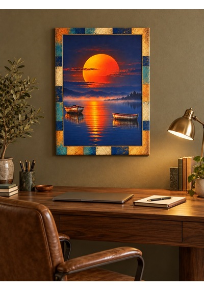 Renk Bloklu Eskitme Çerçeve Desenli Kızıl Günbatımı Ve Sandal Temalı Dekoratif Ahşap Tablo 52x72 Cm