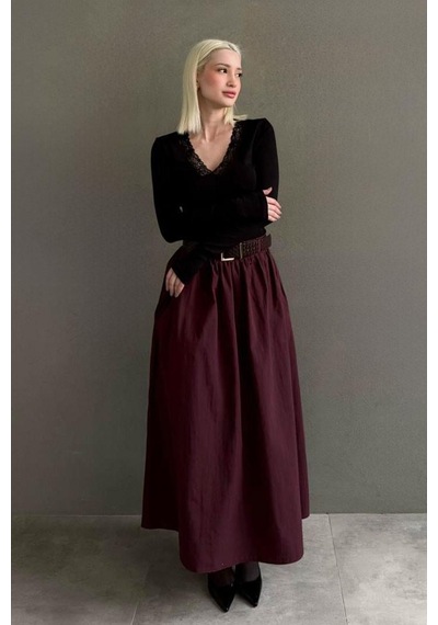 Seeh Bordo Kemerli Uzun Kadın Etek Sh337 Basic