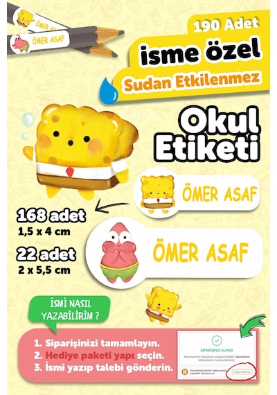 Okul Etiketi Kalem Defter İsimli Etiket Isim Yazılabilen Sünger Dob - 190 Adet Özel Tasarım Çok Renkli