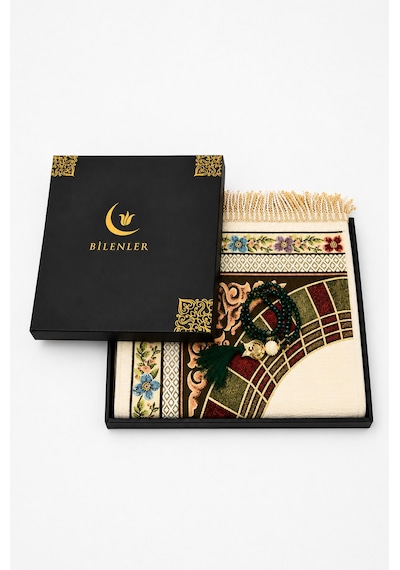 Astarlı Lale Desenli Seccade & Kristal Tesbih Seti Beyaz