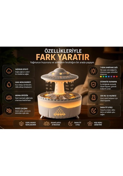 Ufo Yağmur Efektli Hava Nemlendirici Ultrasonik Buhar, Sessiz Çalışma, 7 Renk Led Işık, Zaman Ayarlı 2h/4h/8