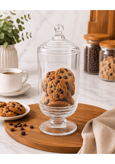 Chacha Home Halkalı Cam Kapaklı Ayaklı Drajellik & Şekerlik 780 Ml - 24 Cm Şeffaf