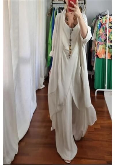 Bohem Stil Italyan Ipek Detaylı Oversize Kap Bluz- Wes Pantolon Takım-8789 Bej