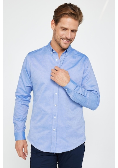 Tudors Erkek Slim Fit Dar Kesim Uzun Kollu Pamuklu Oxford Doku Kolay Ütülenebilir Mavi Düğmeli Yaka Gömlek-31027-mavi Mavi